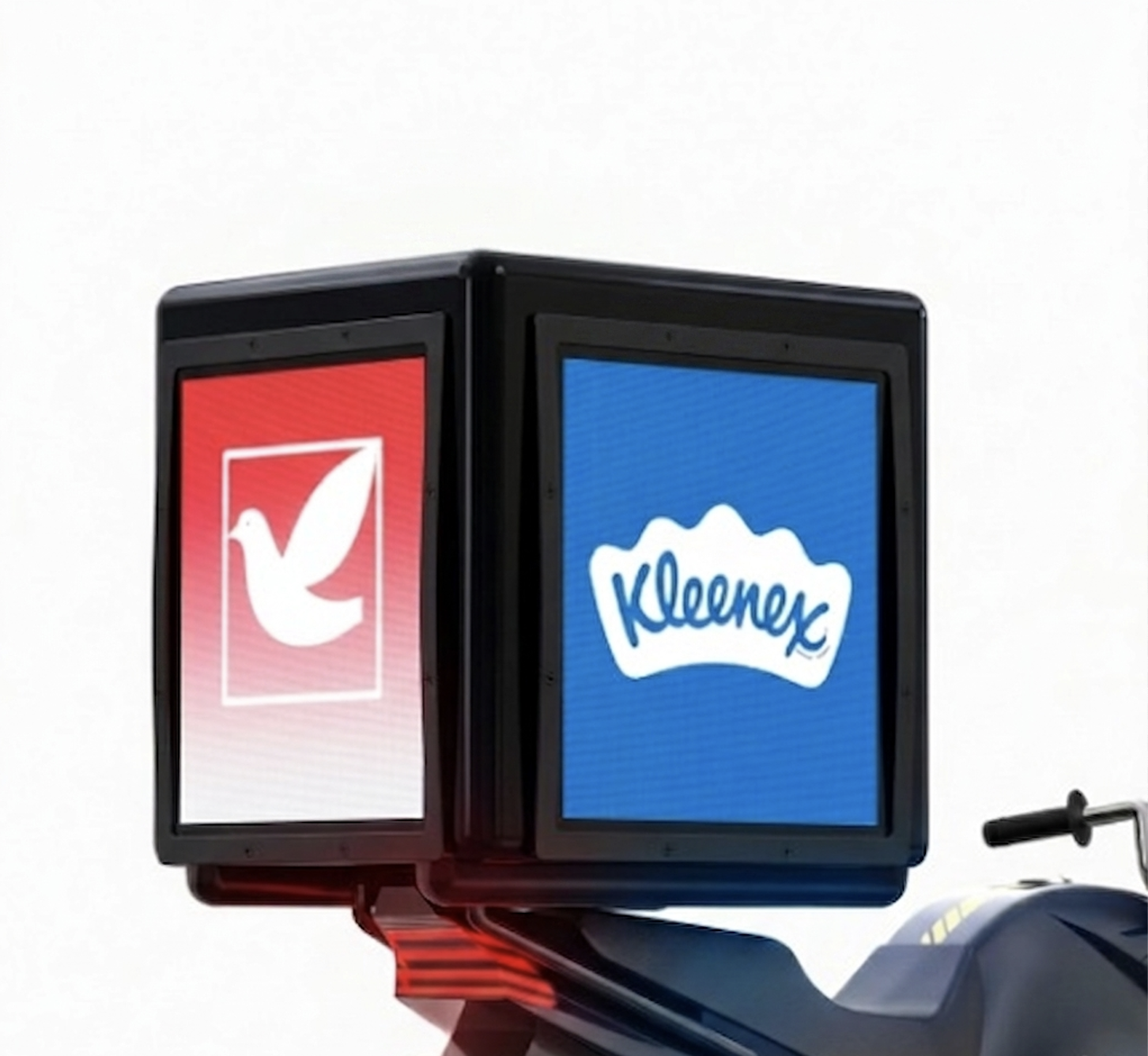 Vertbox dual LED display showing Dove and Kleenex brand ads
